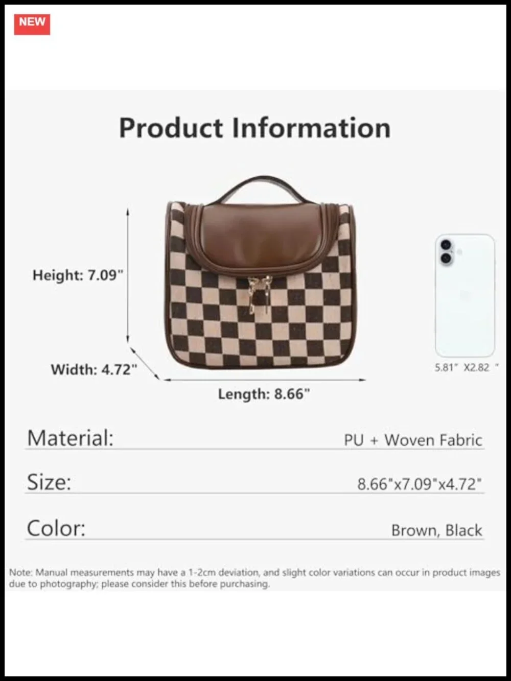 Vintage Checkered Cosmetic Bag Large Capacity PU Leather Makeup Pouch